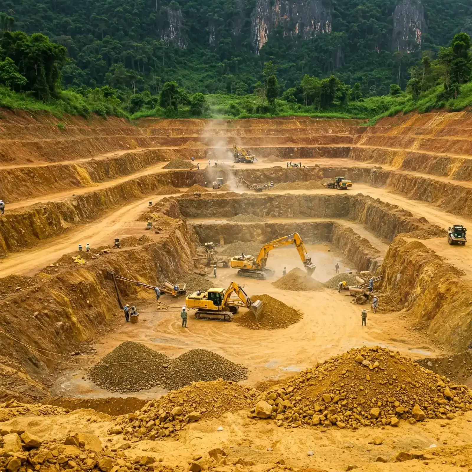 Mining professionals inspecting rock samples at an active site